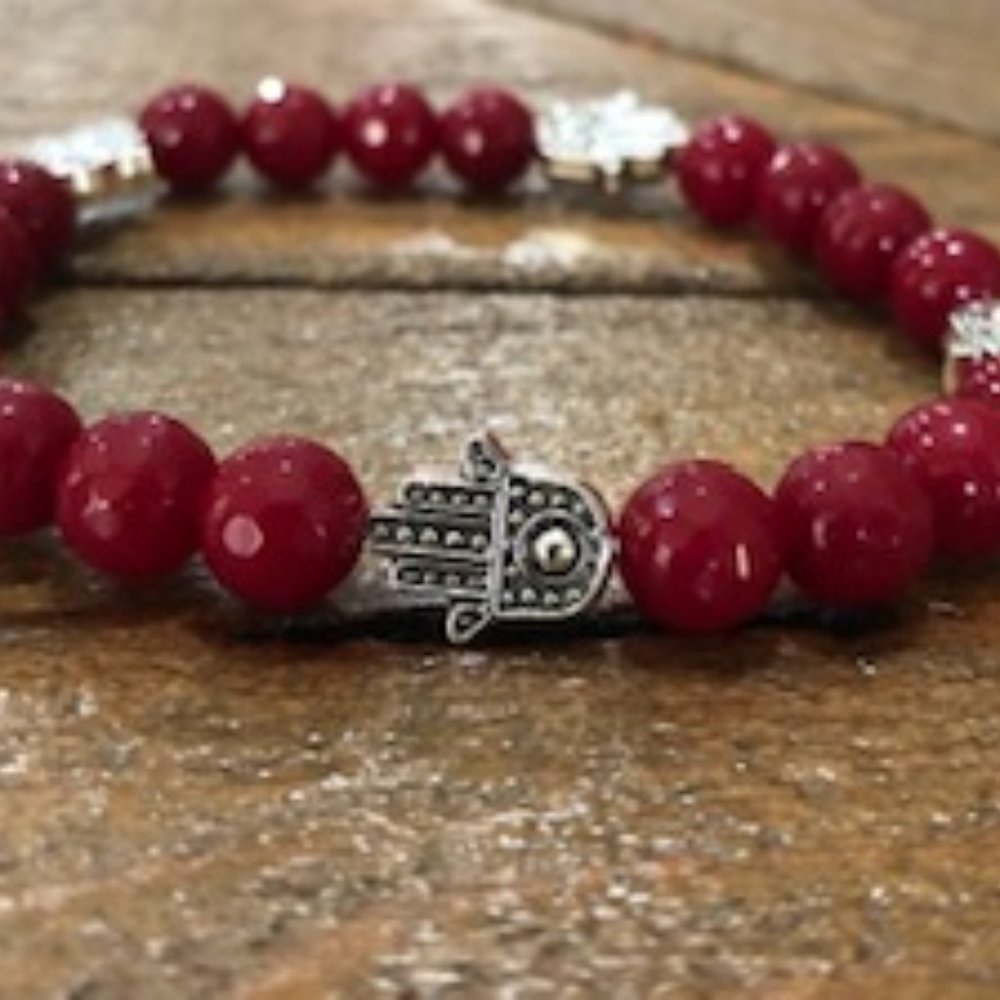 Blood Red Candy Jade Bead Bracelet w/ Hamsa Hands